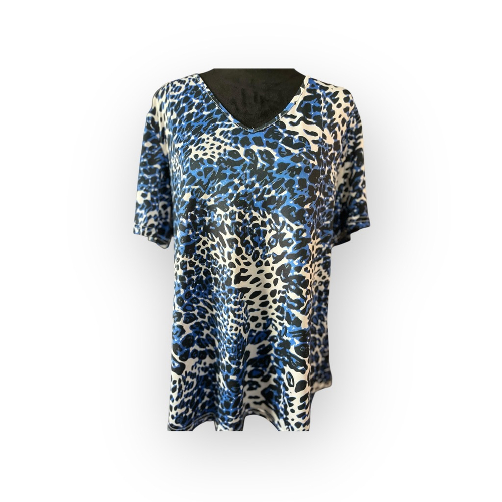 EUC Unbranded Blue Black Leopard Print Short Sleeve Shirt Size LG